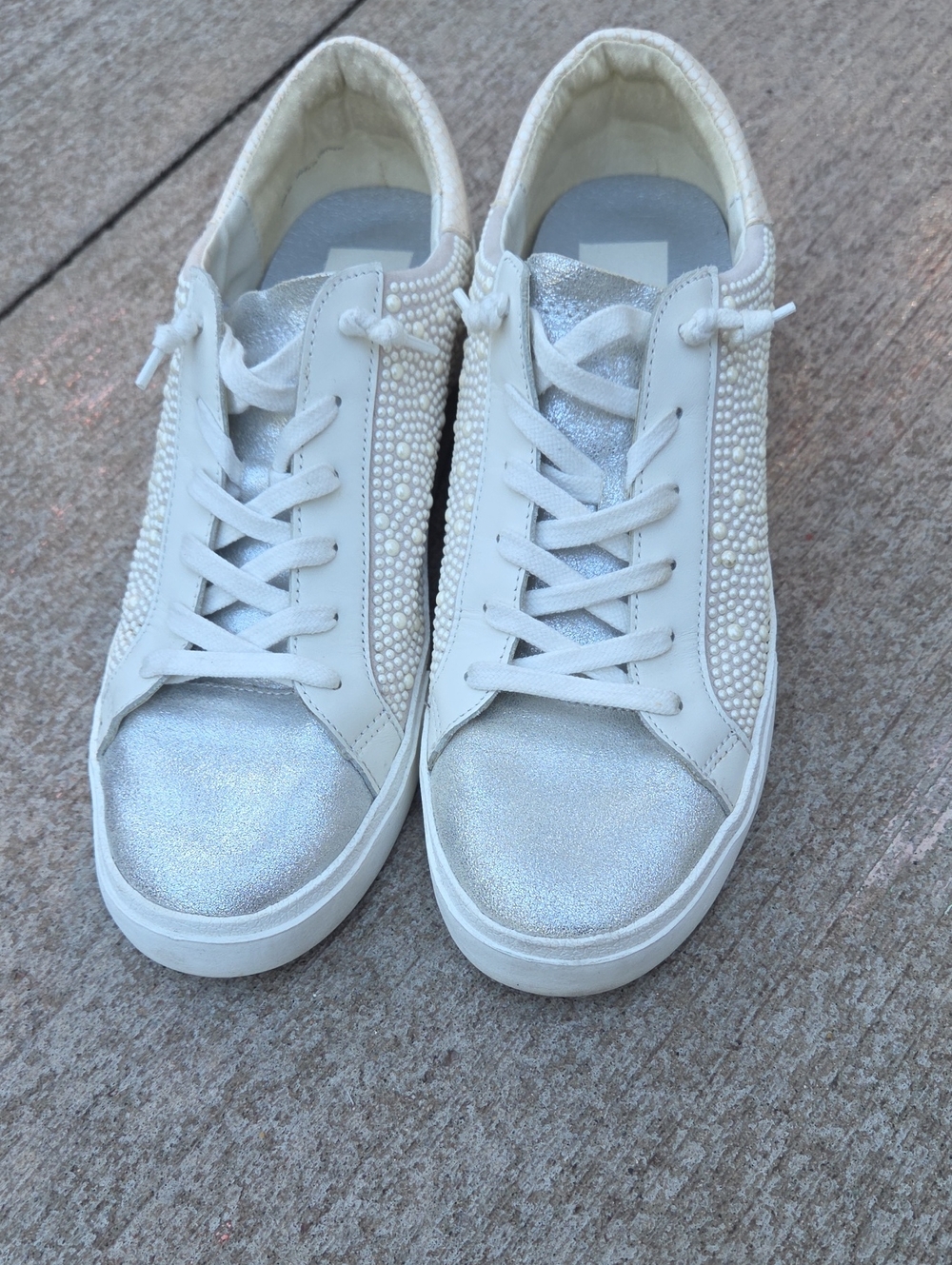 Dolce Vita White Pearl-Embellished Sneakers with Silver Toe